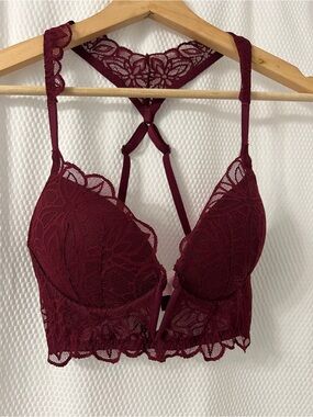 PINK Victoria's Secret Lace Longline Bralette in Wine -Small with plunging front